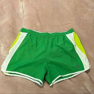 adidas Green Athletic Shorts with White Trim and Yellow Accents
